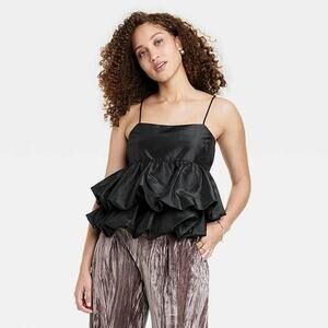 A New Day Black Silk Satin Sleeveless Peplum Ruffle Cami Crop Blouse Tank Top L